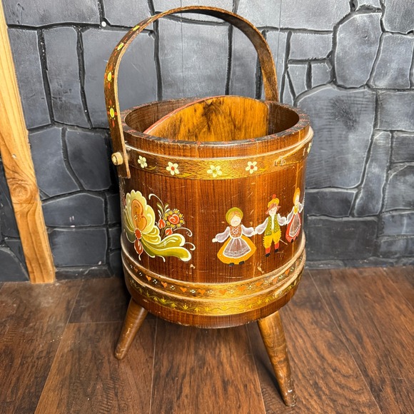 Handmade Other - Vintage Hand Painted Folk Art Wooden Sewing Bucket Tripod Stool Signed Reni